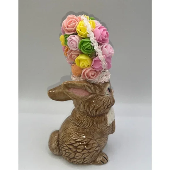 Vintage Ceramic Pretty Bunny Spring Bunny Floral Flower Hat Deb O. Original OOAK - Picture 6 of 16